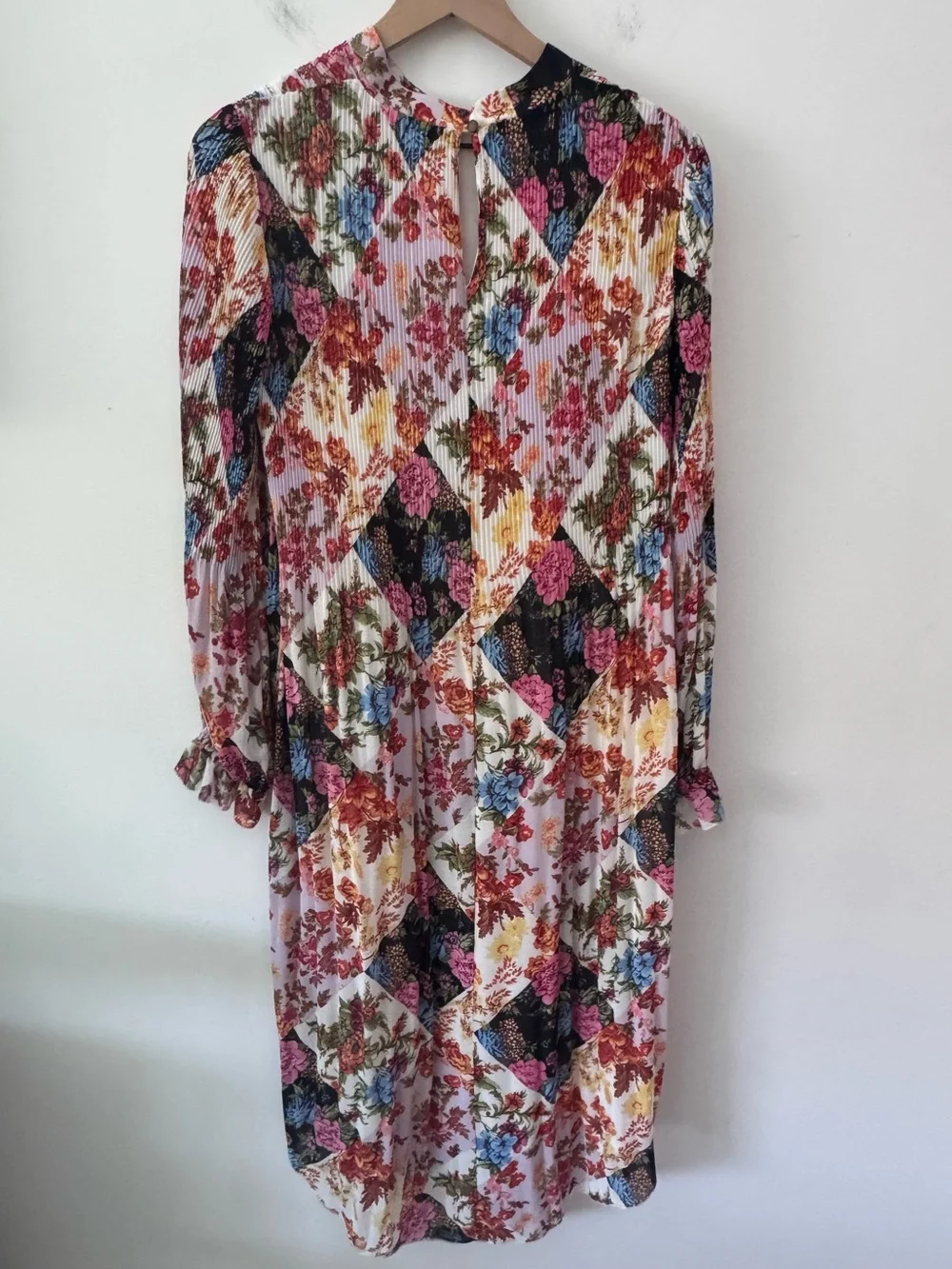 Anthropologie Patchwork Floral Pleated Long-Sleeve Midi Dress Small